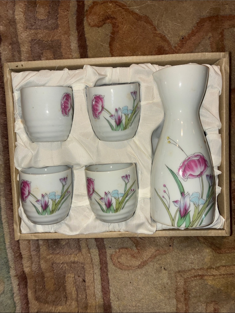 JAPANESE Porcelain Pink Floral Sake Set - Elegant Home Accents